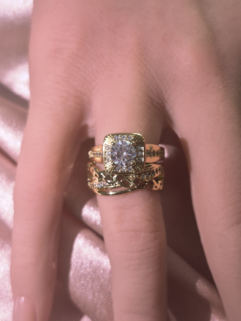 14k Gold Plated Cubic Zirconia Halo Engagement Ring Set - Women